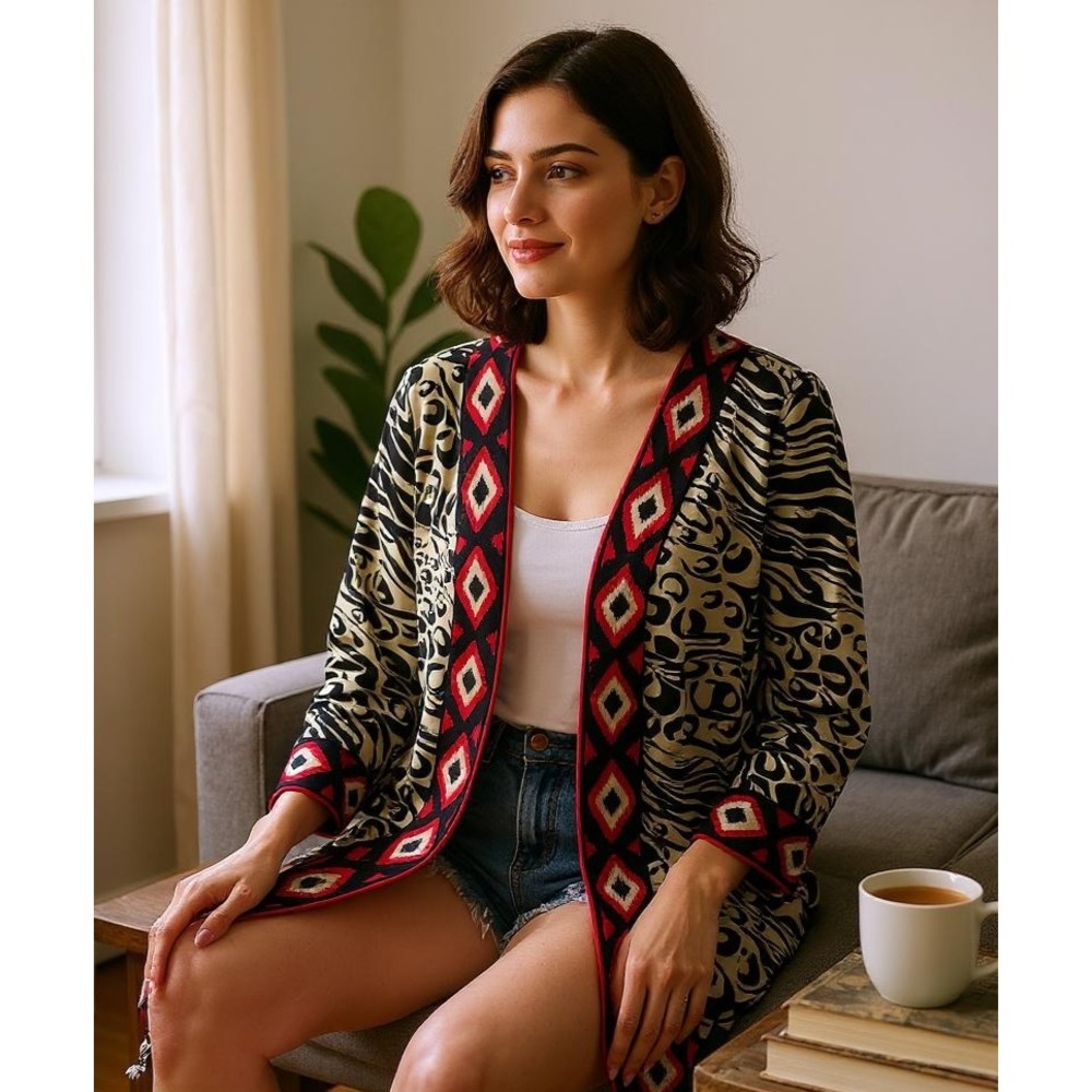 Susan Graver Animal Print Liquid Knit Cardigan Sz Large Open Front Boho Hippie